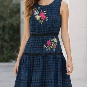 Derhy Women’s Ferrure Blue Checkered Midi Dress with Floral Embroidery Size S